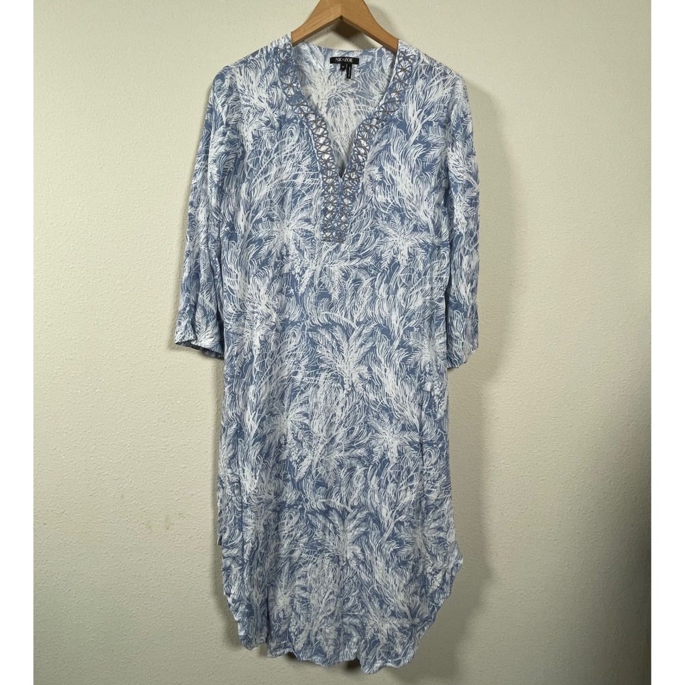 NIC+ZOE Shift Dress Womens Medium Blue White Palm Print Embroidered Coastal Boho
